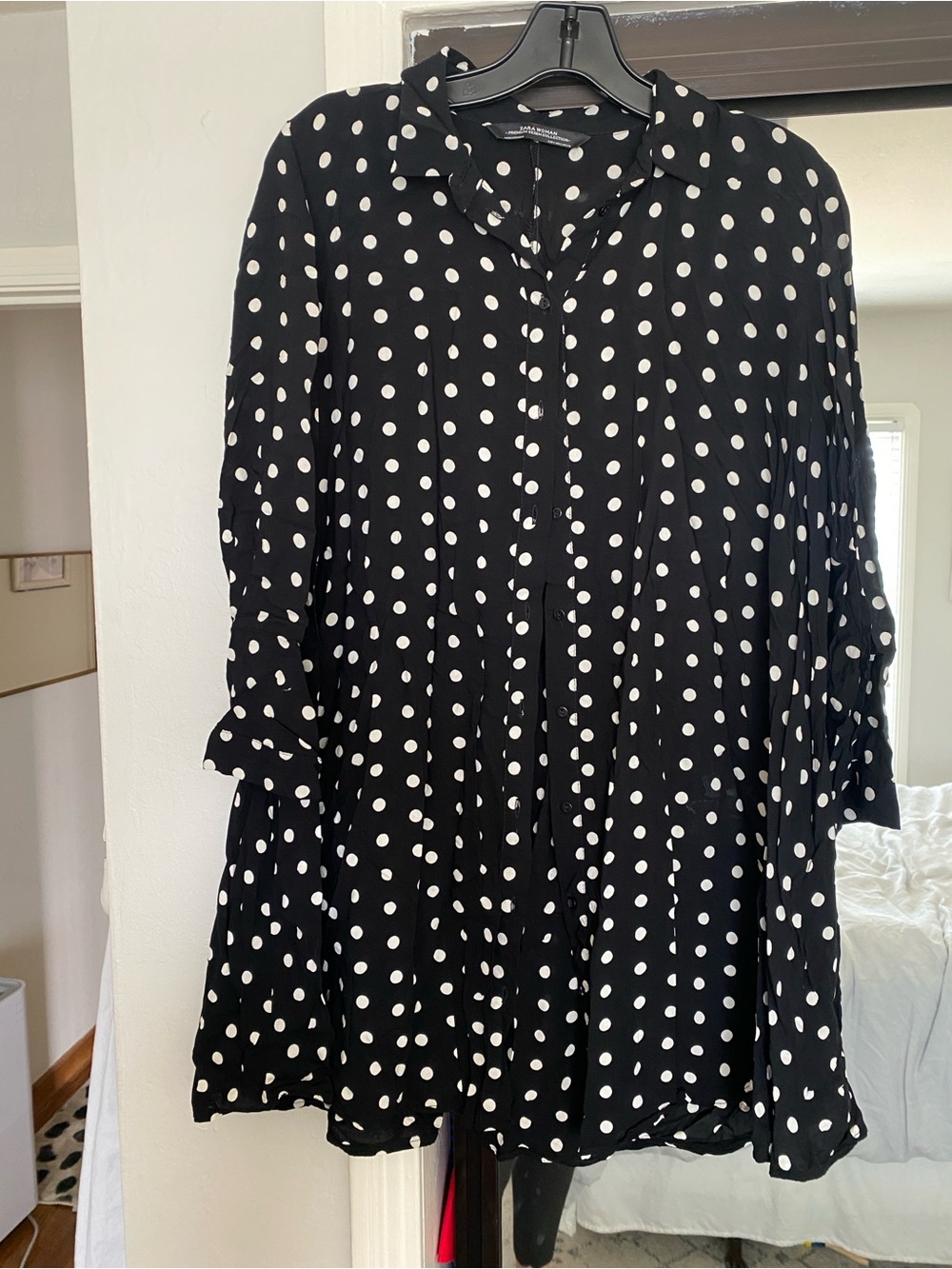 Zara Black Button up dress with White Polka Dots